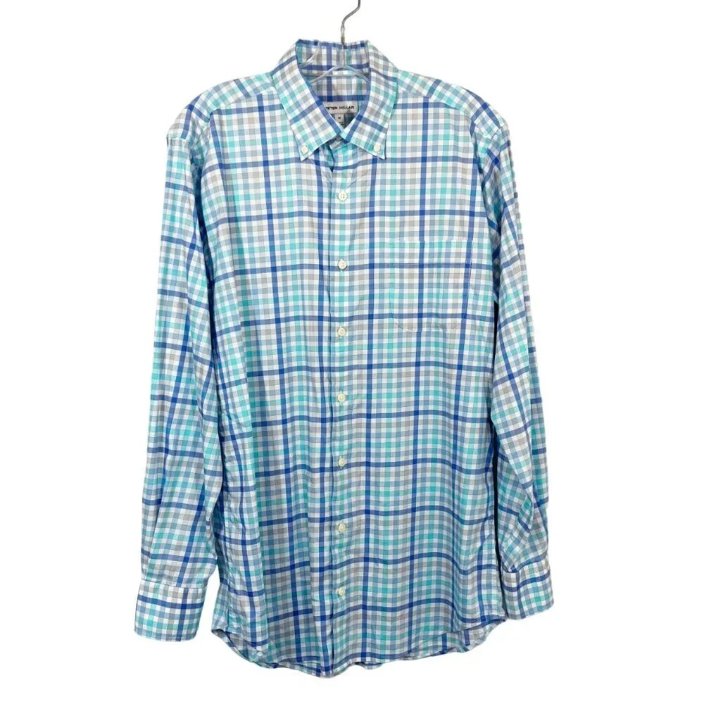 Peter Millar Walker Cotton Stretch Sport Shirt Long Sleeve Blue Plaid MEDIUM - Picture 2 of 7